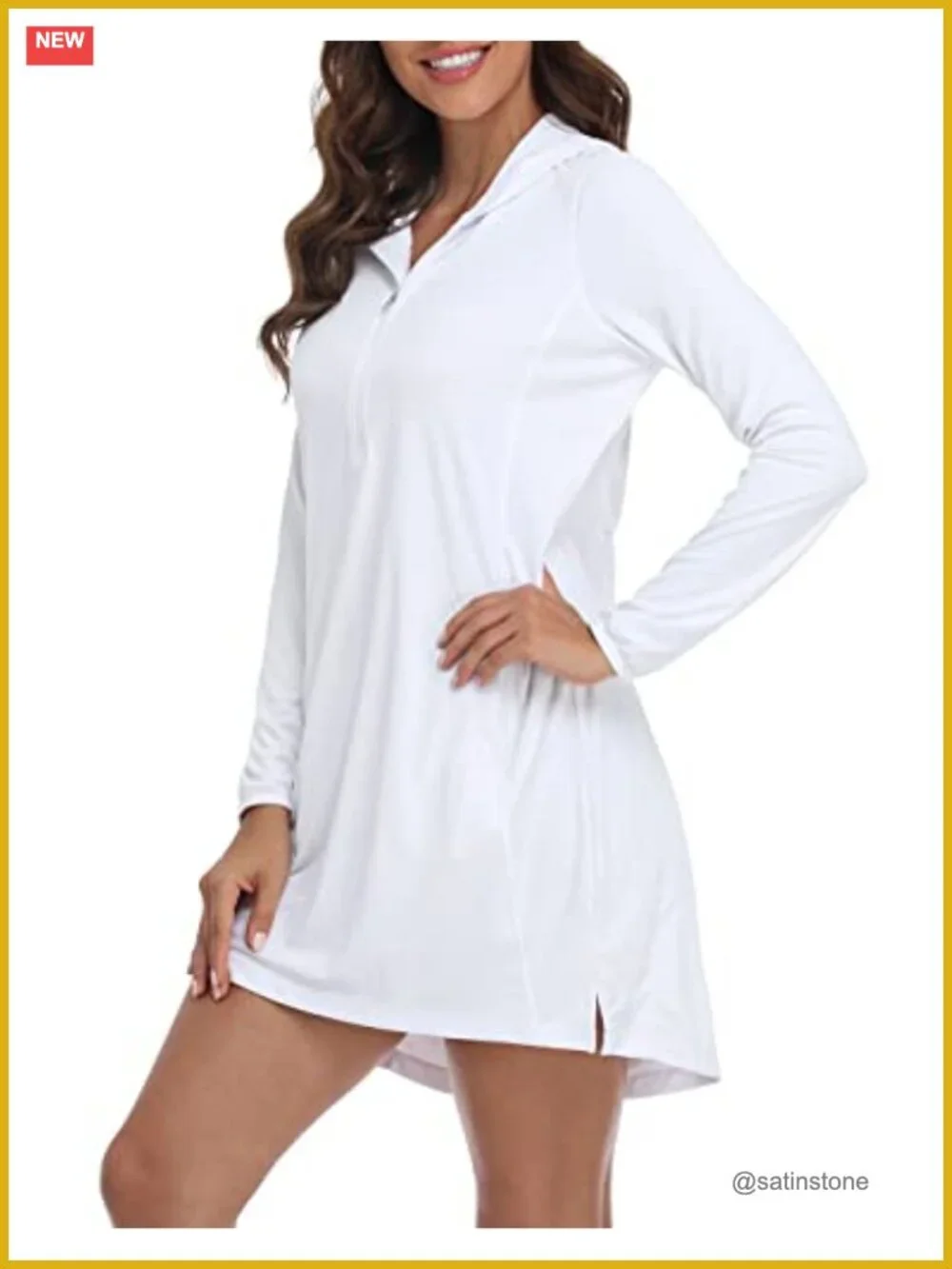 UPF 50 Long Sleeve Hooded Swim Cover Up Dress with Pockets Quick Dry Sun